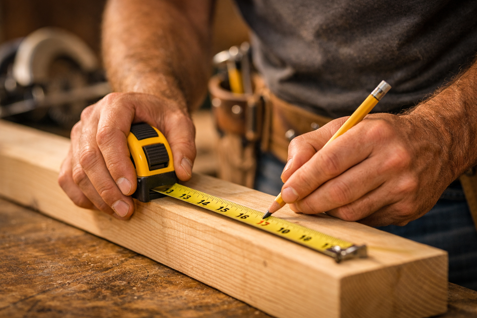 Contractor hands measuring lumber
