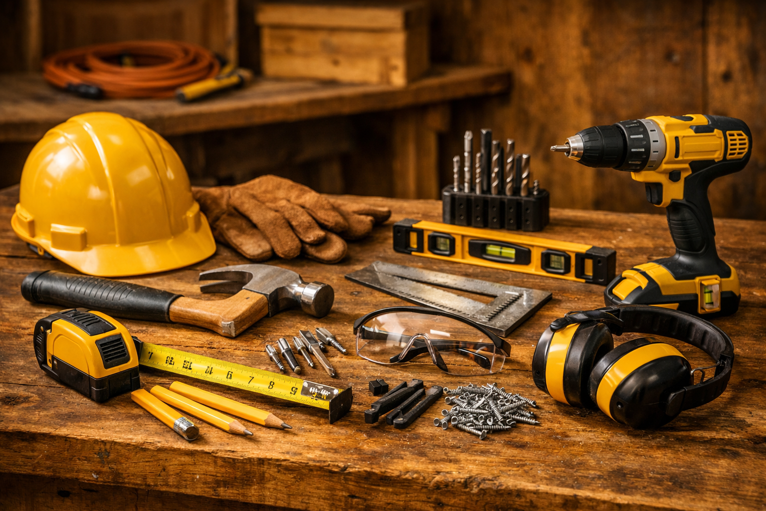 Neatly arranged contractor tools on workbench