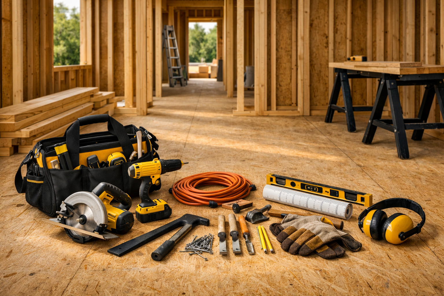 Jobsite tools and organized workspace